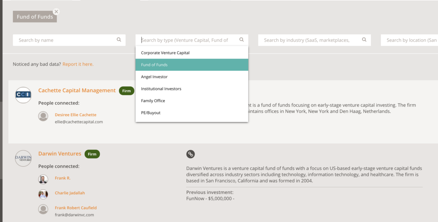 Searching the Investor Database by type of investor e.g. VC, angel investor, family office