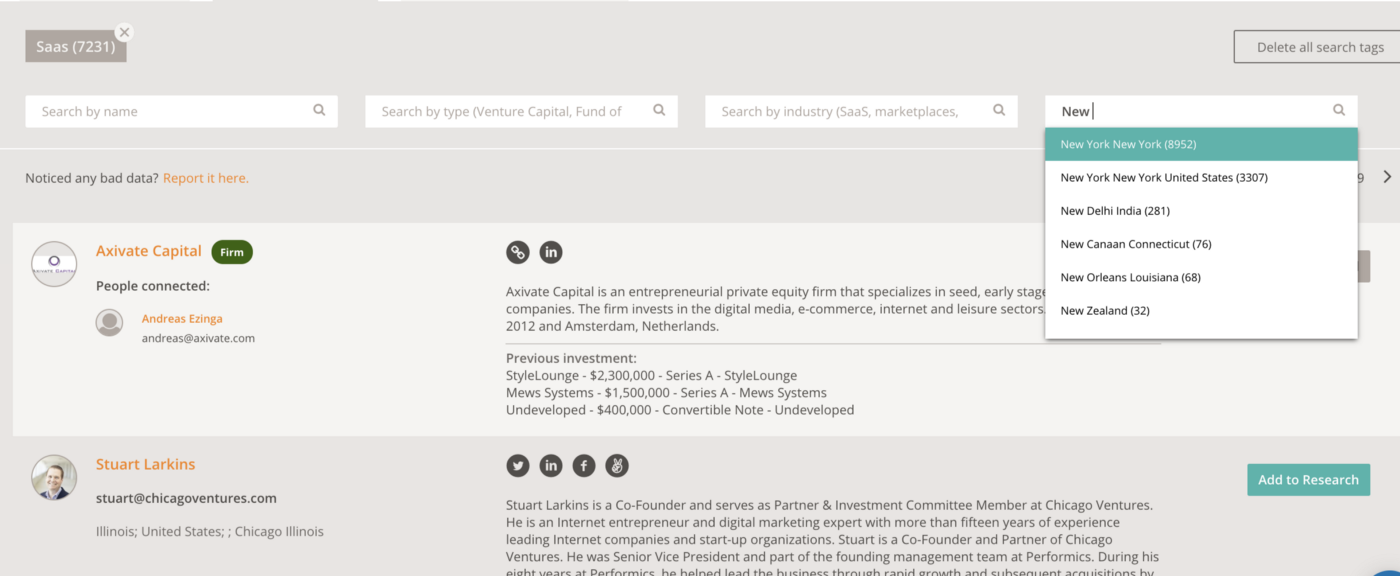 Searching the investor database by location and industry tags